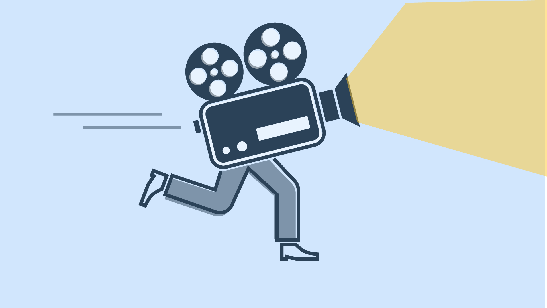 A film projector runs - on two human legs. Icon for ORANGE MOVING MOVIES, our moving image formats.