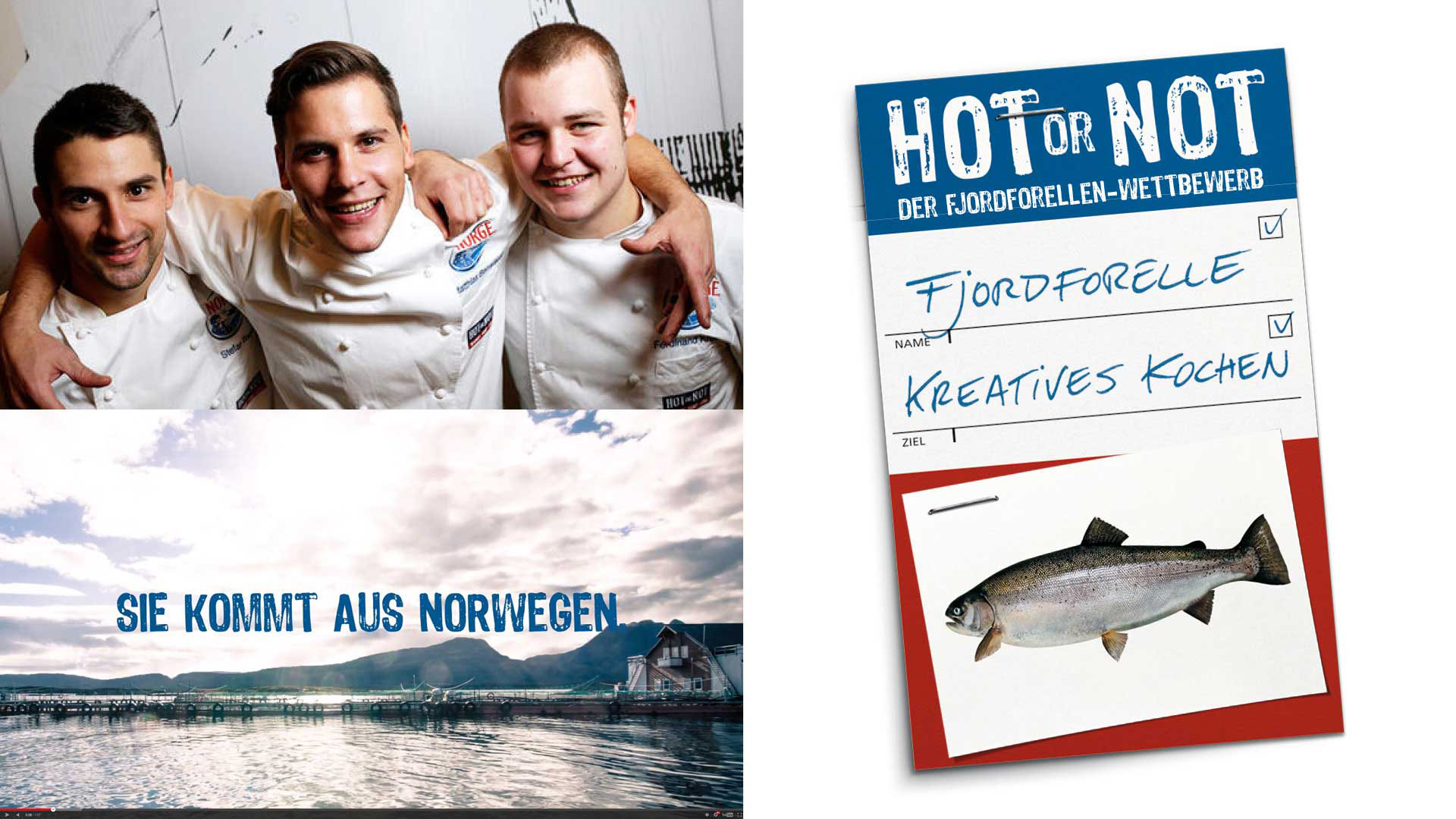 Three chefs in Norge jackets represent opinion leaders in Orange Council's contribution to the HOT-OR-NOT competition for fjord trout.
